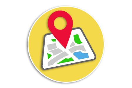 yellow background icon with a digital map and red pin on the map