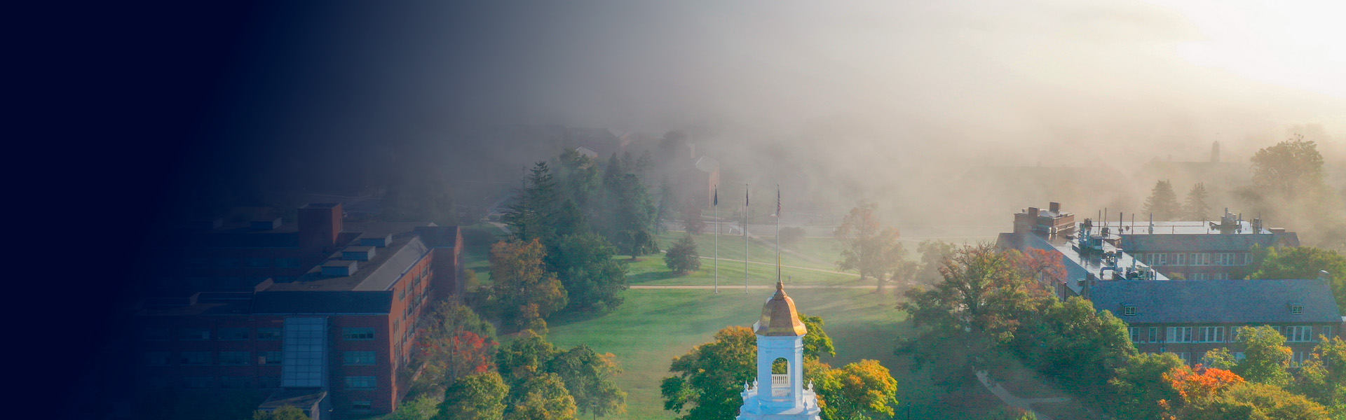 aerial view of uconn storrs with morning sunny mist
