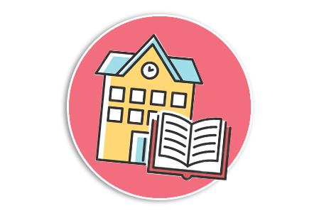 red background icon with an illustration of a school and a book